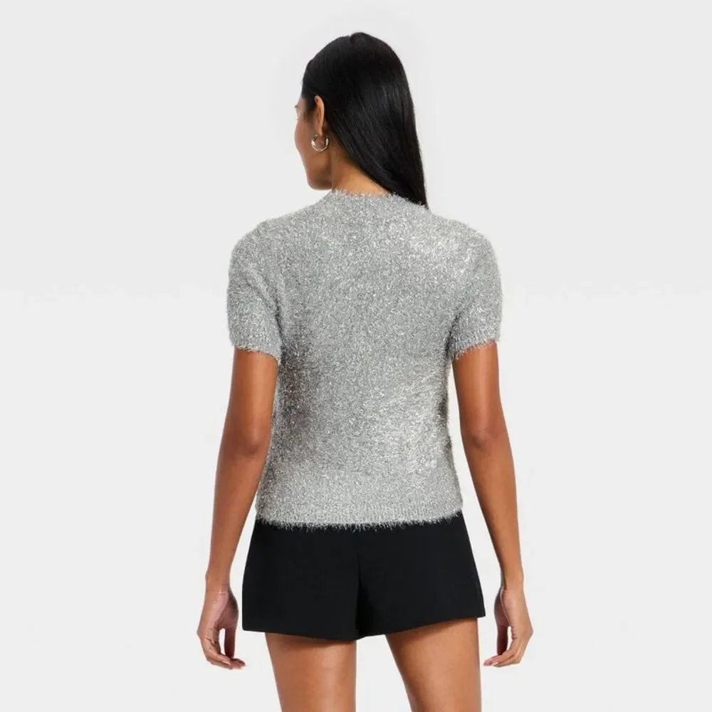 Women's Short Sleeve Round Neck Tinsel Sweater T-Shirt - A New Day Silver M